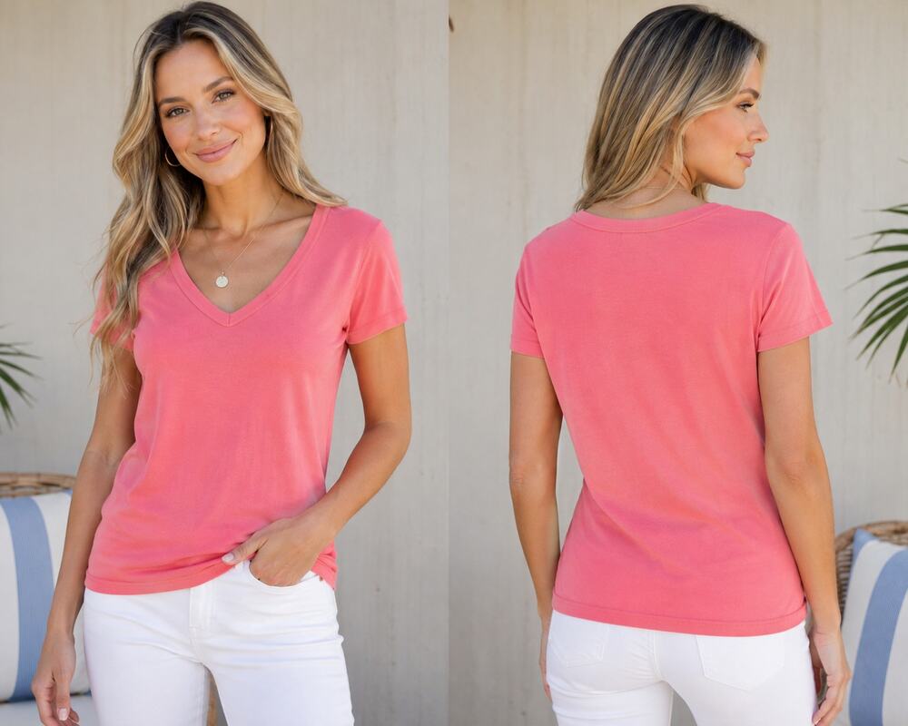 Michael Stars Coral Pink Ribbed V-Neck Tee One Size Cotton Made USA